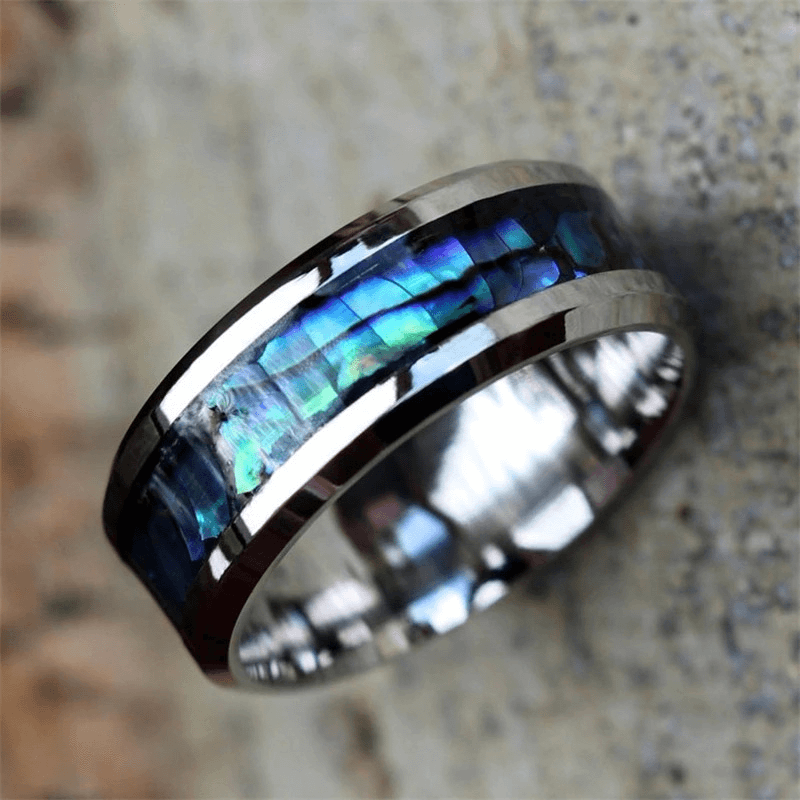 Stylish stainless steel unisex ring featuring stunning abalone inlay, perfect for casual jewelry lovers.