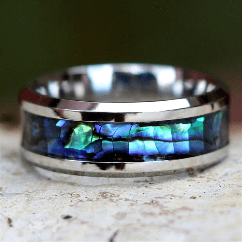 Stainless Steel Unisex Ring with Abalone Inlay / Men's and Women's Jewelry