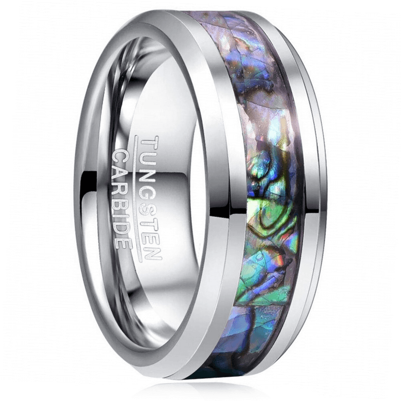 Stylish stainless steel unisex ring with abalone inlay and tungsten carbide, perfect for casual or trendy outfits.