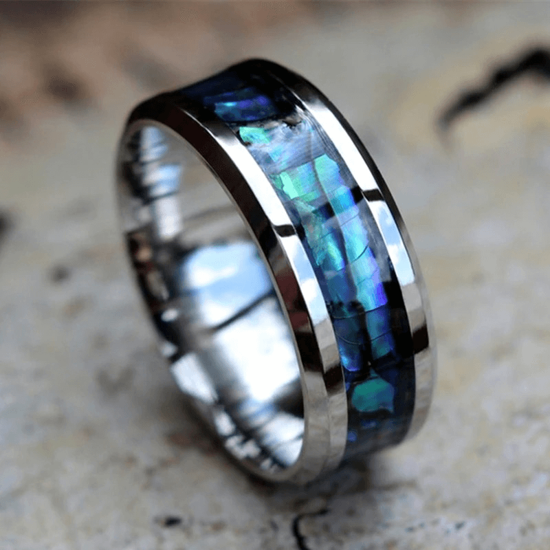 Stylish unisex stainless steel ring with vibrant abalone inlay, perfect for casual jewelry lovers.