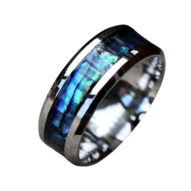 Stainless steel unisex ring featuring stunning abalone inlay, perfect trendy jewelry for men and women.