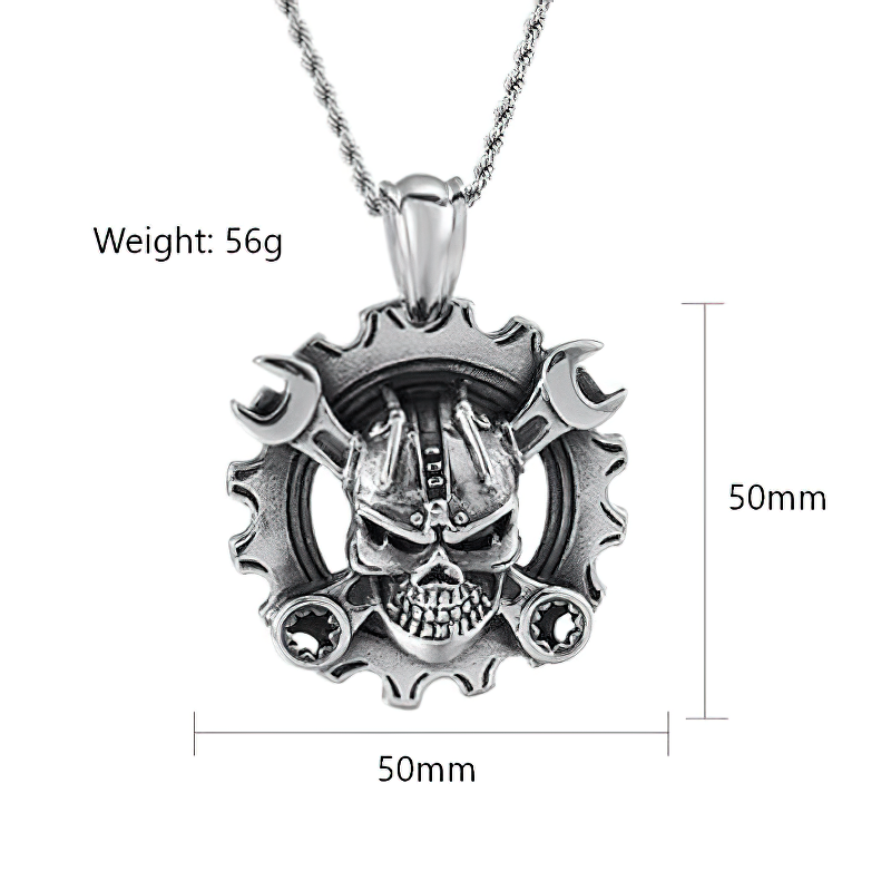 Stainless steel mechanical skull pendant with gears and wrenches, ideal for punk style outfits.