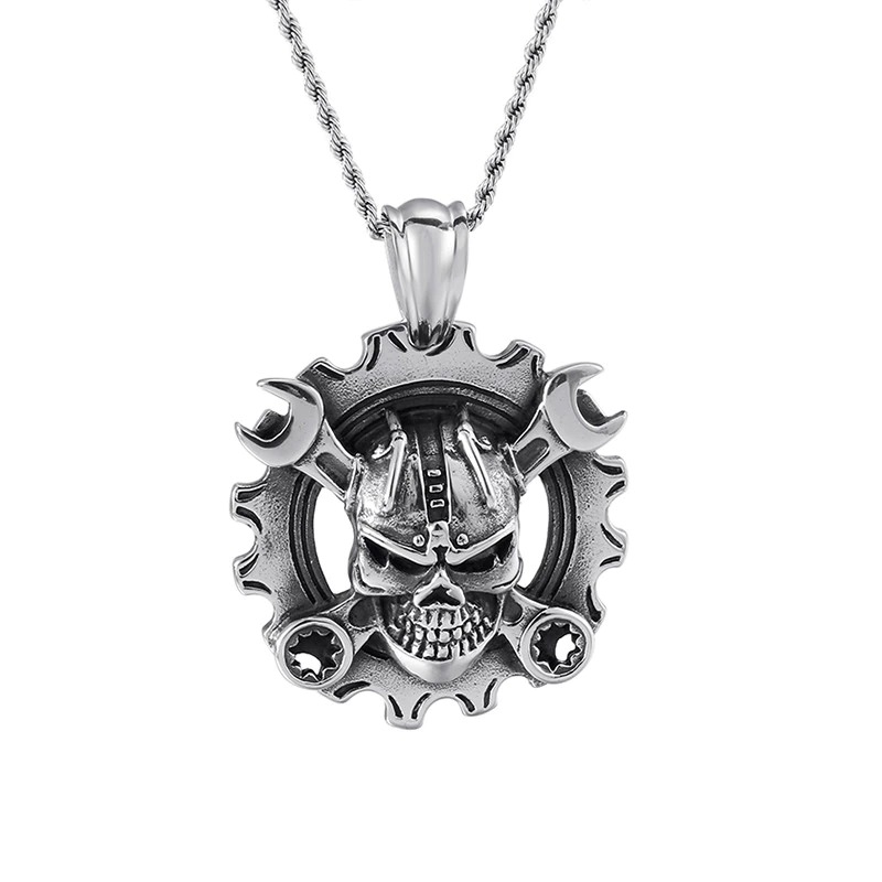 Stainless steel mechanical skull necklace pendant with gear design, perfect for punk style outfits.