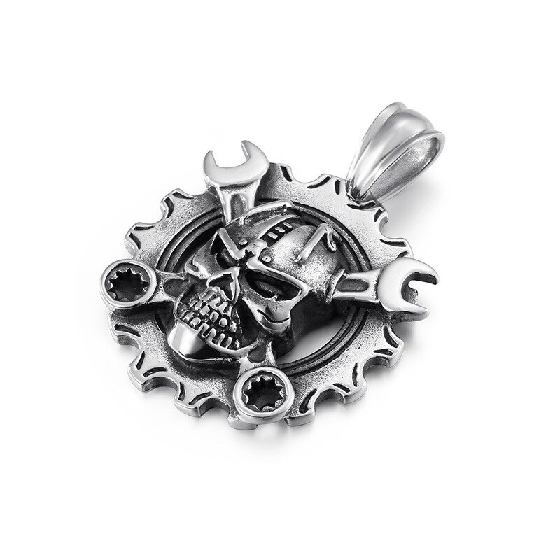 Stainless steel mechanical skull pendant with gear and wrenches, perfect for punk style outfits.