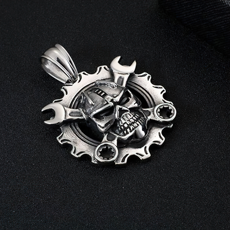 Stainless steel punk-style mechanical skull pendant with gear and wrench details, perfect for edgy outfits.