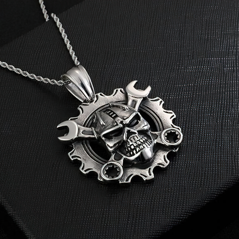 Stainless steel punk mechanical skull necklace pendant with wrench details, perfect for rock style outfits.