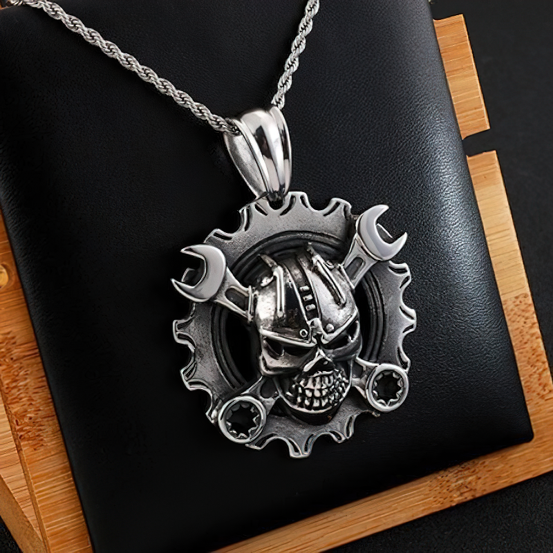 Stainless steel mechanical skull pendant on a chain, perfect for punk rock style fashion.