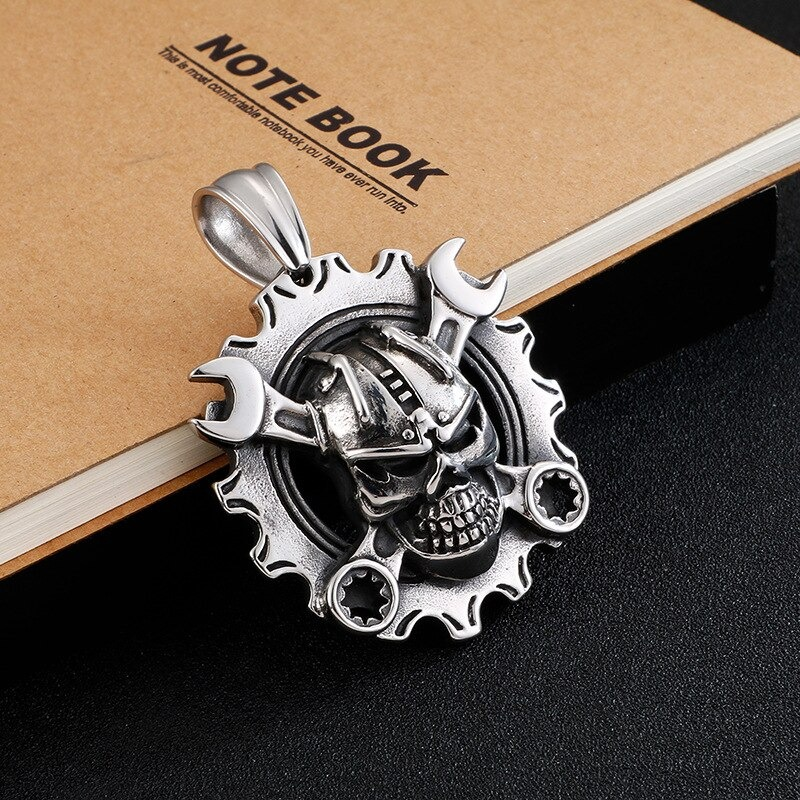 Stainless steel Viking mechanical skull pendant with wrenches, perfect for punk style outfits.
