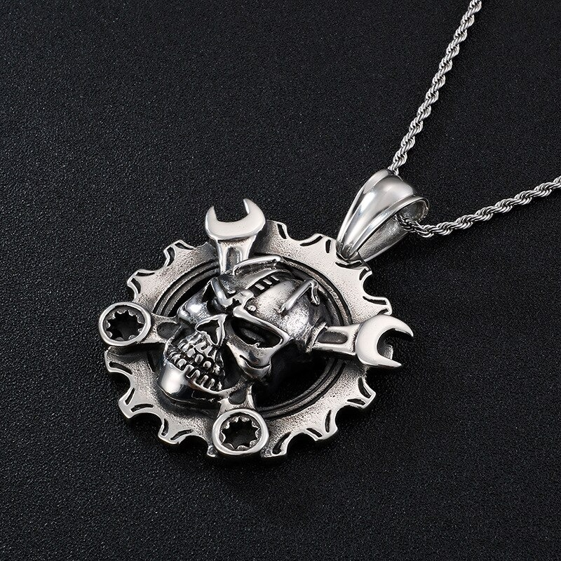 Stainless steel mechanical skull pendant with gear and wrenches, perfect punk style necklace for unisex fashion.