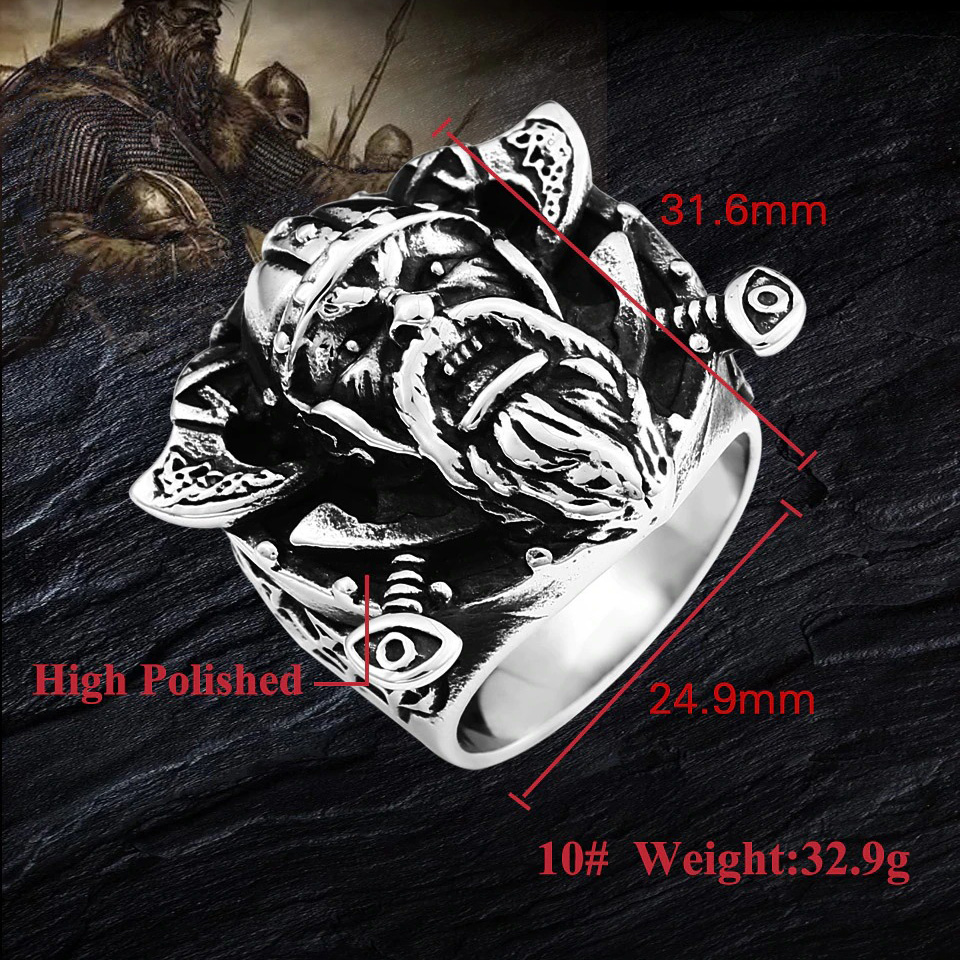 Stainless steel Viking ring featuring Odin's shield design, vintage style, high polished finish, bold statement jewelry for men and women.