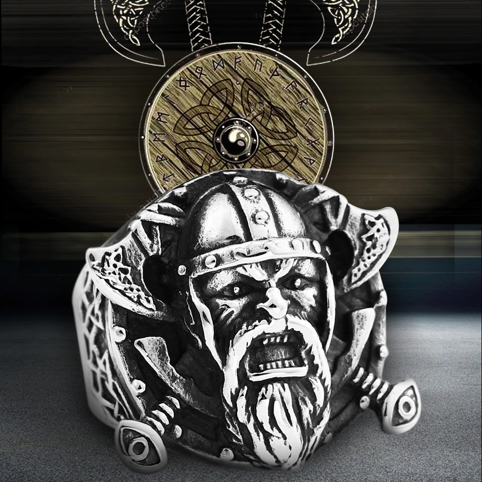 Stainless steel Viking ring featuring Odin's shield and fierce warrior face, vintage jewelry for men and women.