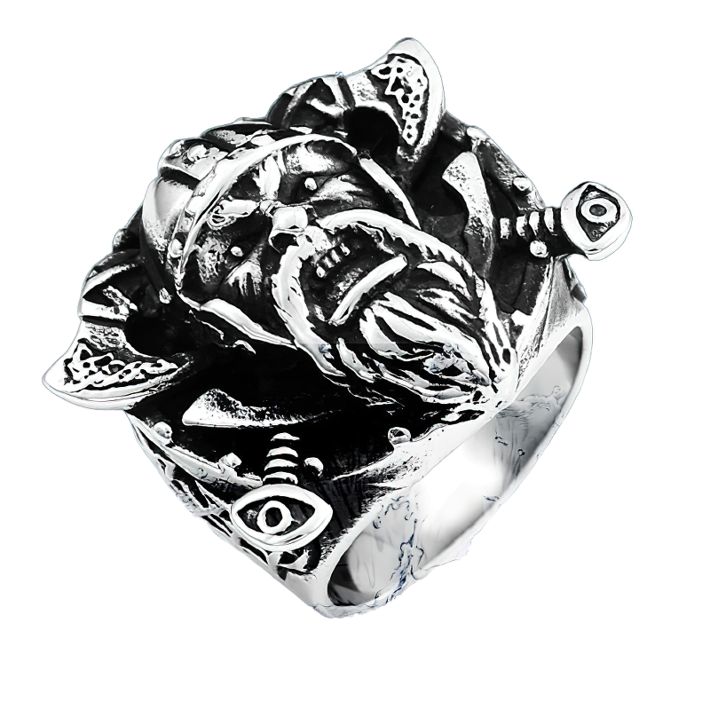 Stainless steel Vikings ring featuring Odin's shield and intricate weapon detailing, perfect vintage style jewelry for all.