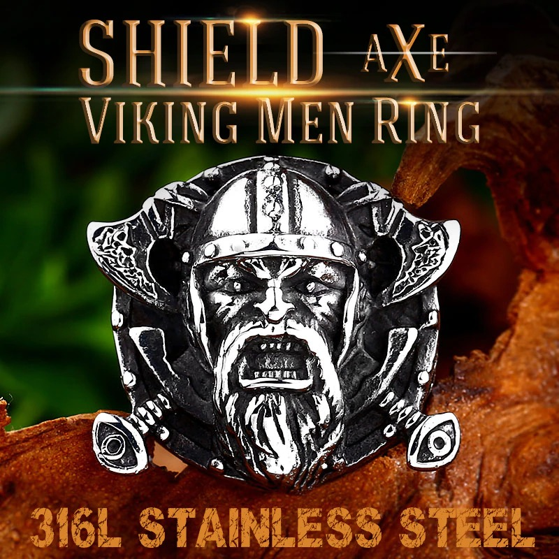 Stainless steel Viking ring featuring a fierce warrior face with a shield, perfect for men who love vintage jewelry.