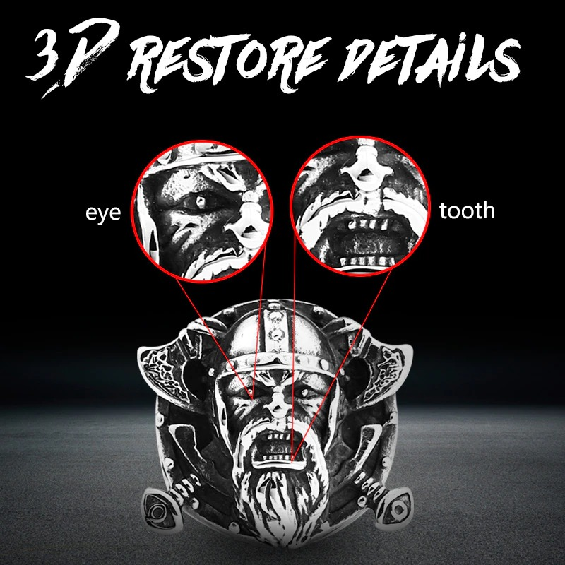 Close-up of Odin's Shield ring, highlighting detailed 3D features like the fierce eye and tooth on vintage-style design.