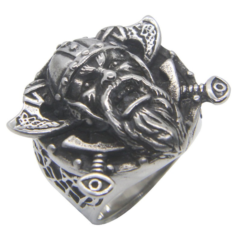 Stainless steel Vikings ring featuring Odin's shield and warrior face detail, a vintage style jewelry piece.