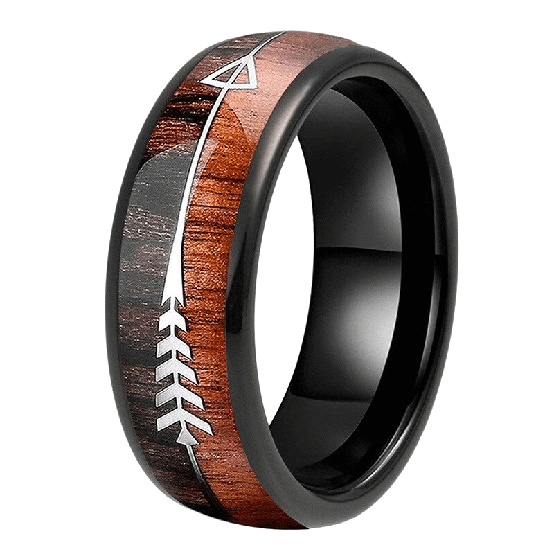 Stainless steel vintage ring with wood and arrow pattern, cool unisex jewelry for men and women.