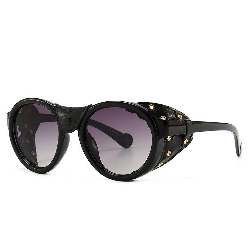 Fashion oval windproof steampunk sunglasses for men and women with stylish gold detailing.