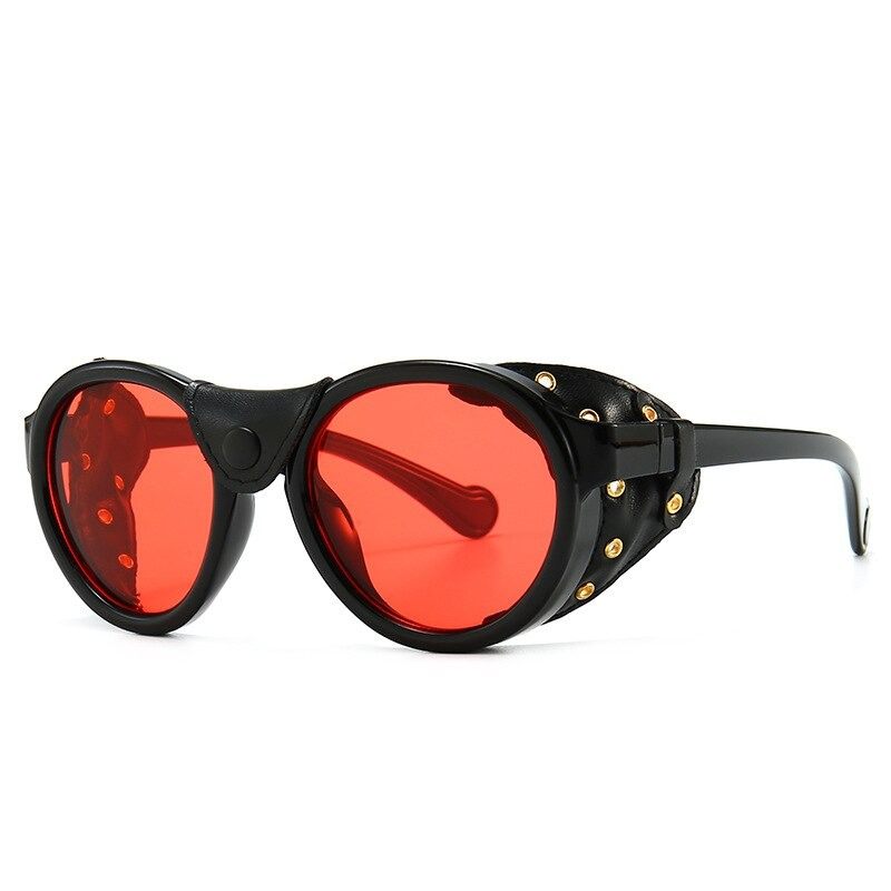 Fashionable steampunk oval sunglasses for men and women with red lenses and stylish detailing.