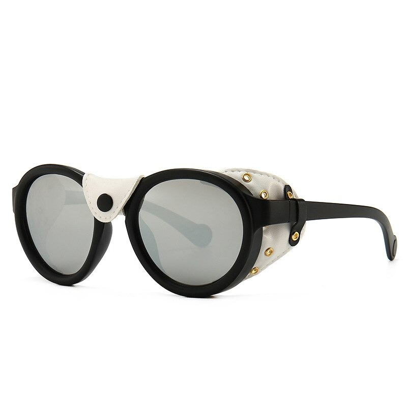 Fashion oval windproof steampunk sunglasses for men and women in black and white with gold details.