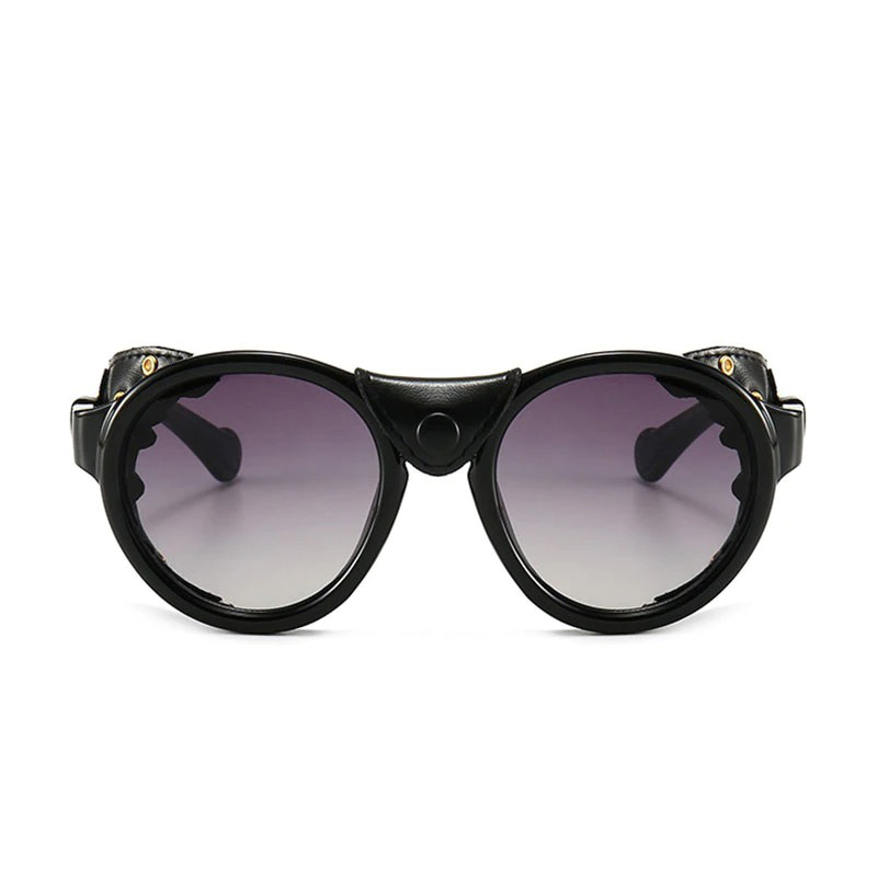 Fashion oval windproof steampunk sunglasses for men and women, stylish black resin frame with gradient lenses.