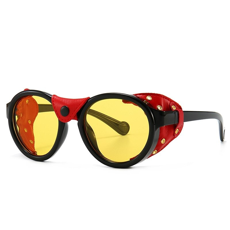 Steampunk oval windproof sunglasses for men and women with yellow lenses and red accents, perfect for fashion enthusiasts.