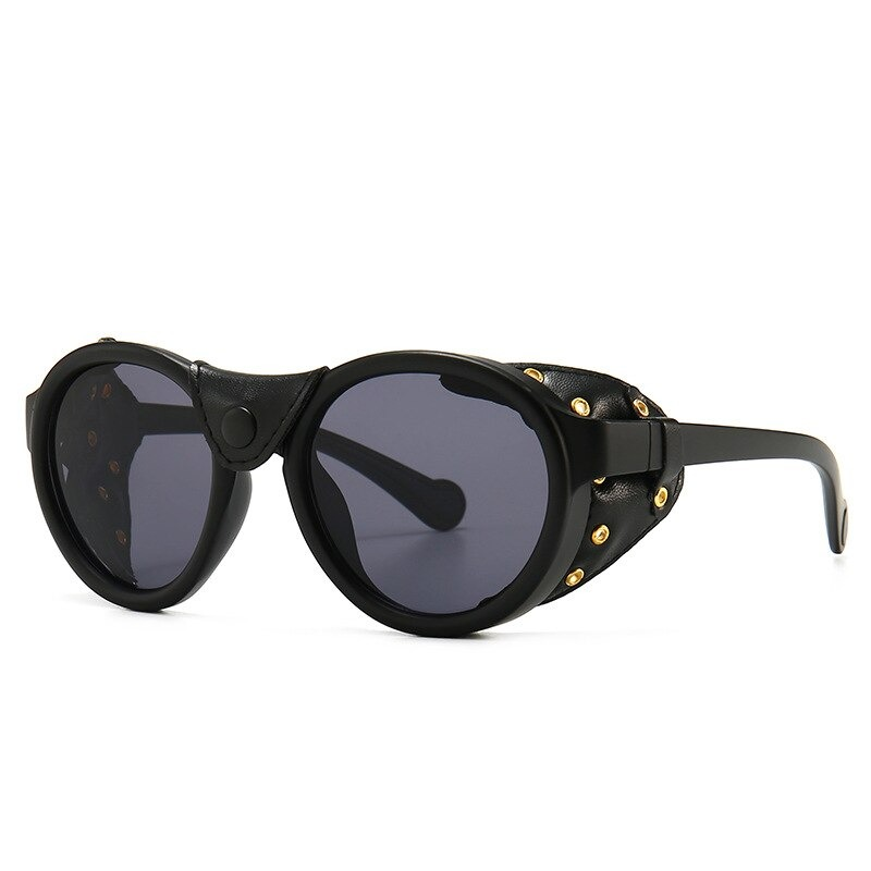 Steampunk oval sunglasses with gold studs, perfect for men and women, offering style and windproof protection.
