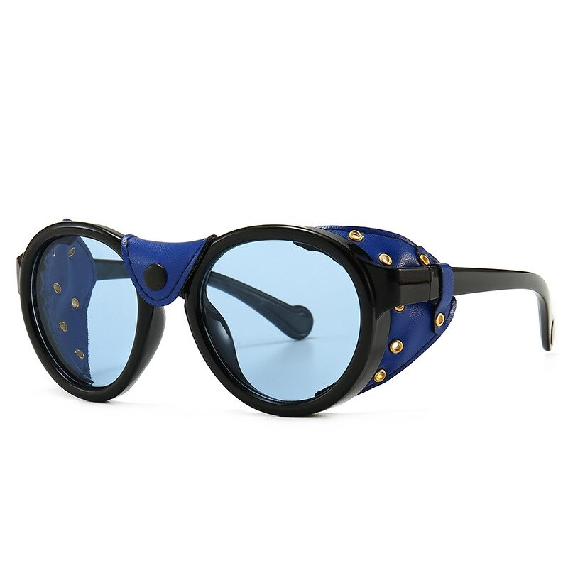 Steampunk fashion oval sunglasses for men and women with blue accents and windproof design.
