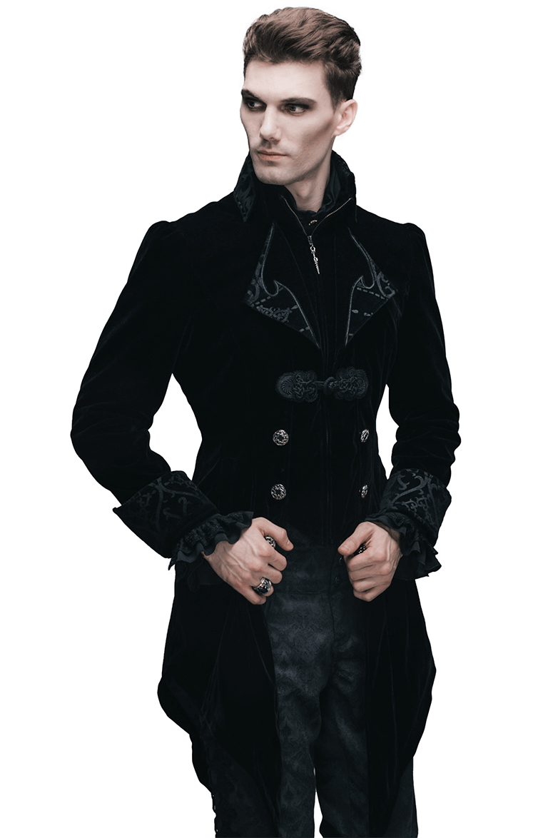Stylish black velvet steampunk coat with intricate details, perfect for gothic and renaissance costume looks.