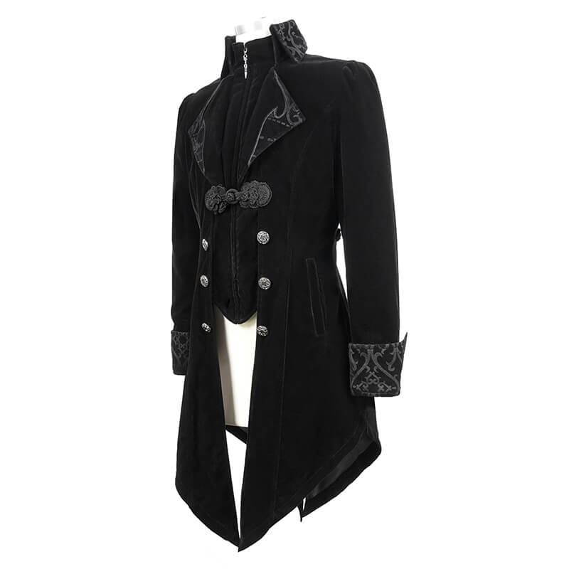 Steampunk black velvet coat for men, featuring a gothic design and retro style, perfect for Renaissance costumes.