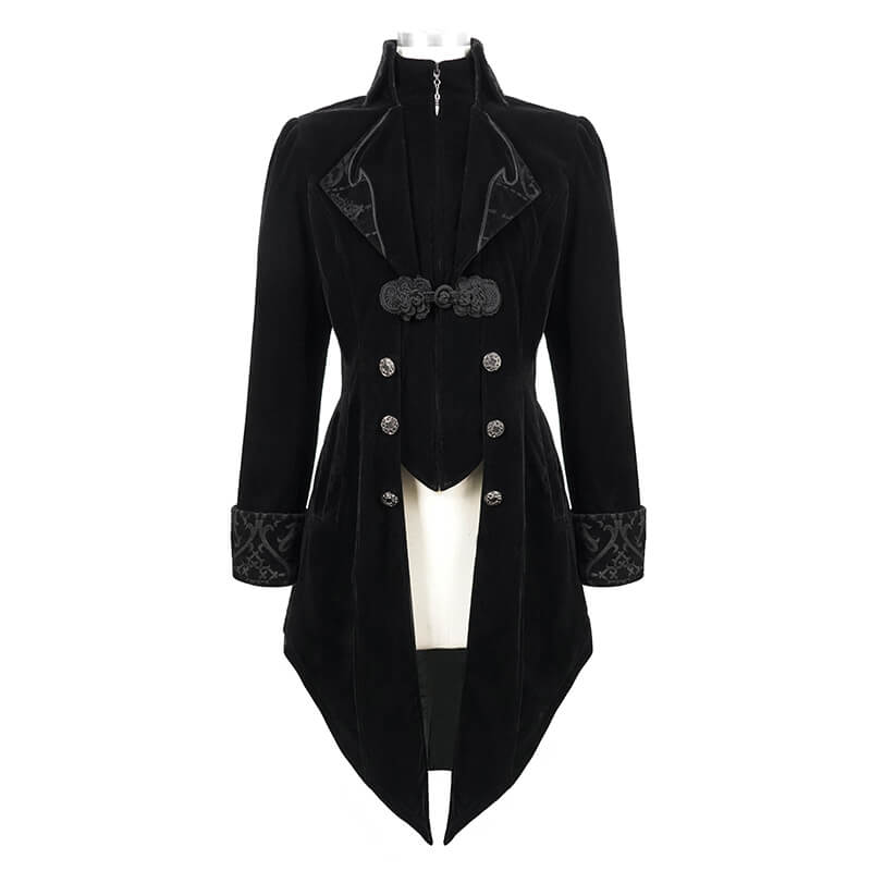 Steampunk black velvet coat for men, designed with gothic elegance and a fitted cut, perfect for any stylish wardrobe.