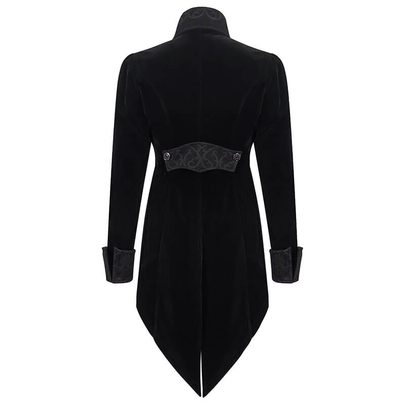 Back view of a men's steampunk black velvet coat, showcasing its elegant fitted design and gothic style.