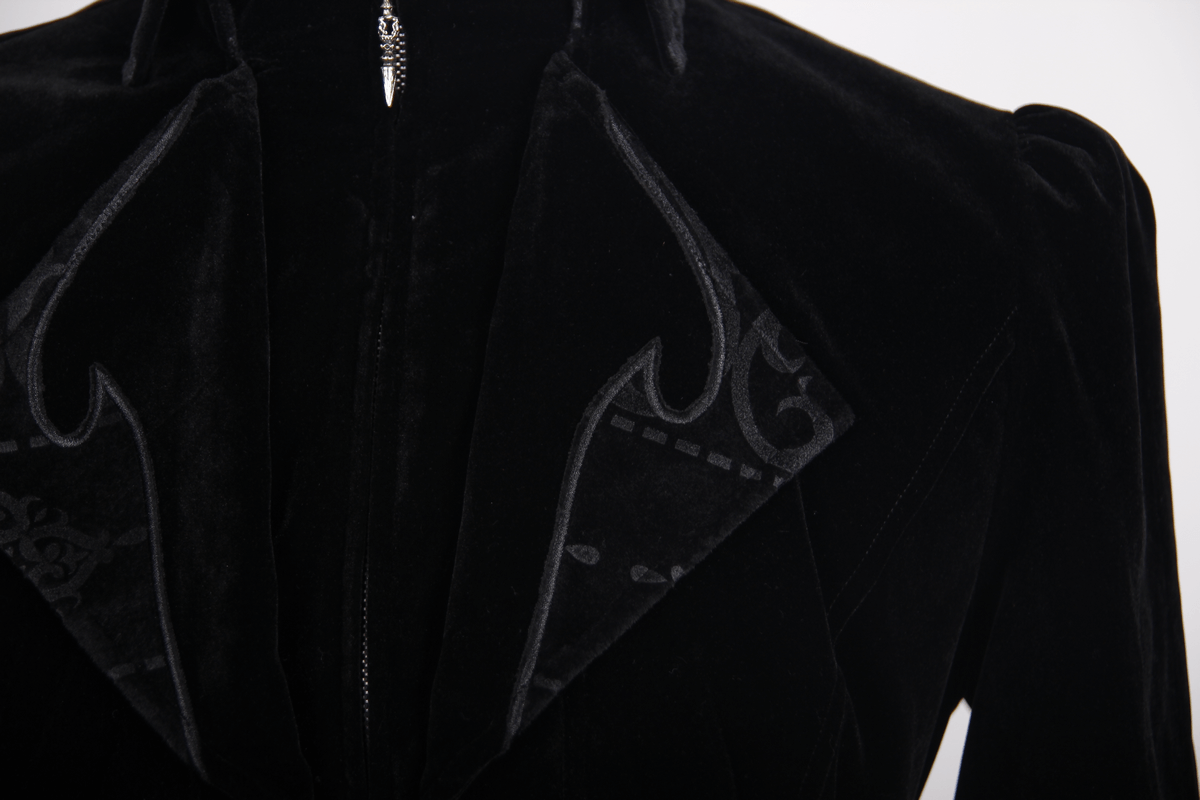 Close-up of a stylish steampunk black velvet coat with intricate collar design and zipper detail.