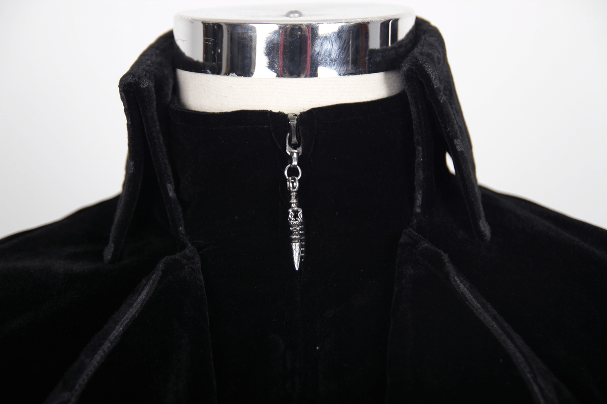 Close-up of steampunk black velvet coat collar with unique zipper detail, perfect for gothic and renaissance style.
