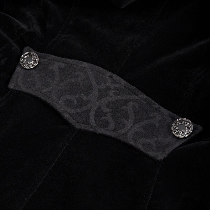 Close-up of steampunk black velvet coat detailing with ornate buttons and patterned fabric.
