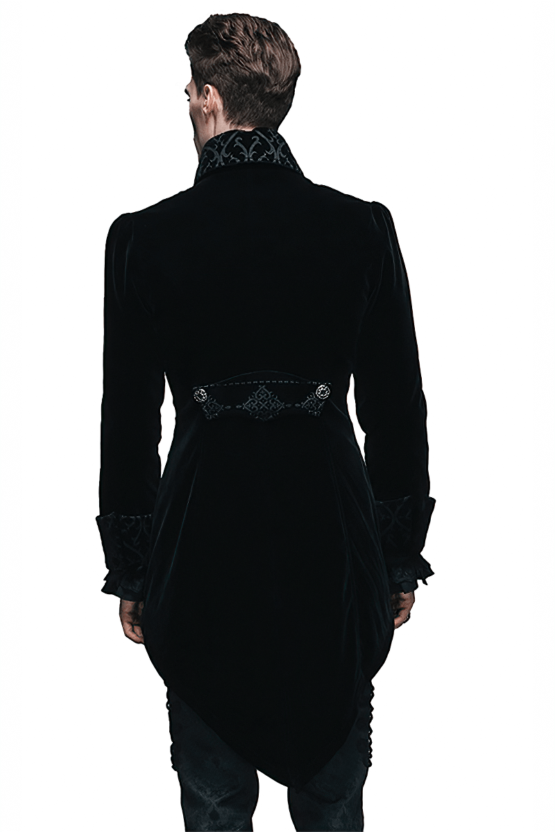 Back view of a men's steampunk black velvet coat with intricate detailing, perfect for gothic or renaissance costumes.
