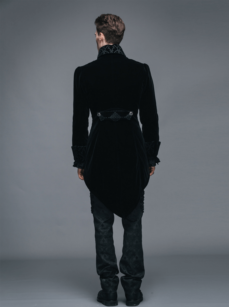 Back view of a steampunk black velvet coat, showcasing intricate details and gothic style.