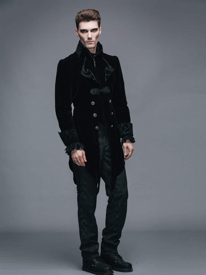 Steampunk black male velvet coat on model, showcasing a gothic trench coat with a fitted design and retro elegance.