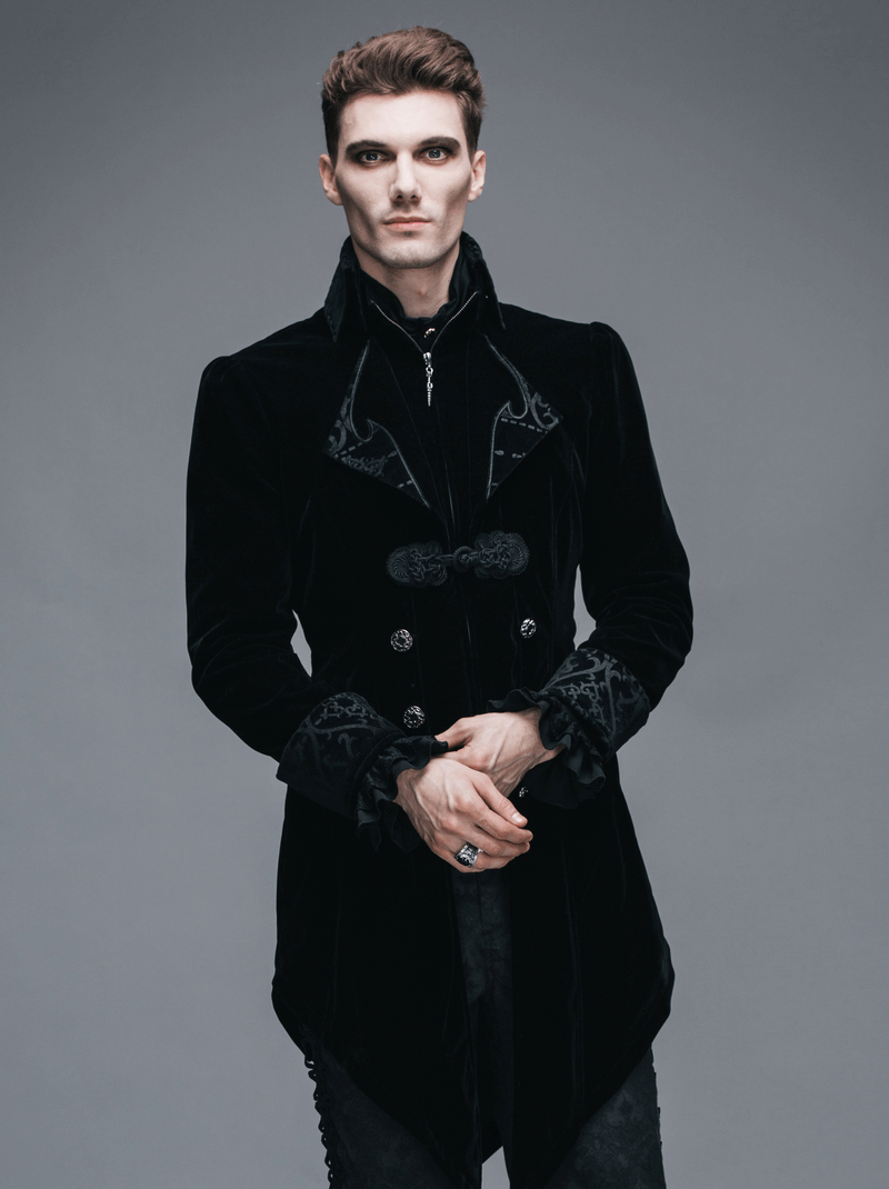 Stylish man in a steampunk black velvet coat showcasing Gothic couture fashion, perfect for Renaissance costumes.