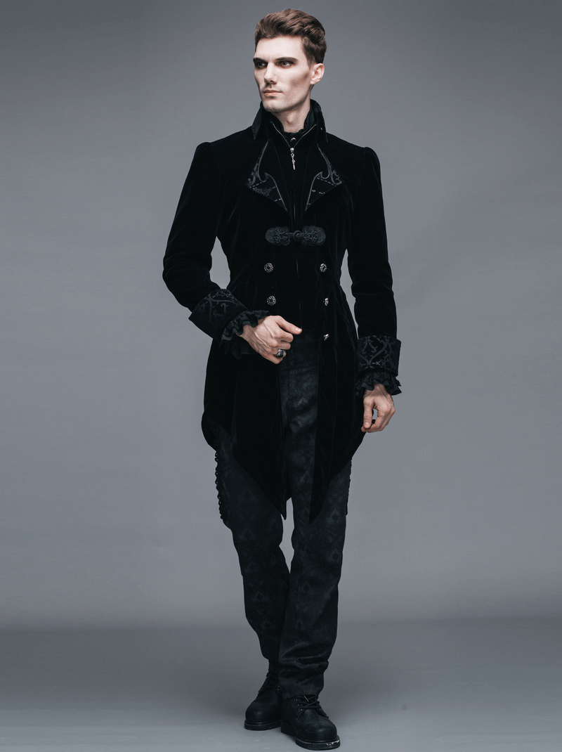 Steampunk black male velvet coat featuring intricate details, perfect for gothic and renaissance-inspired looks.