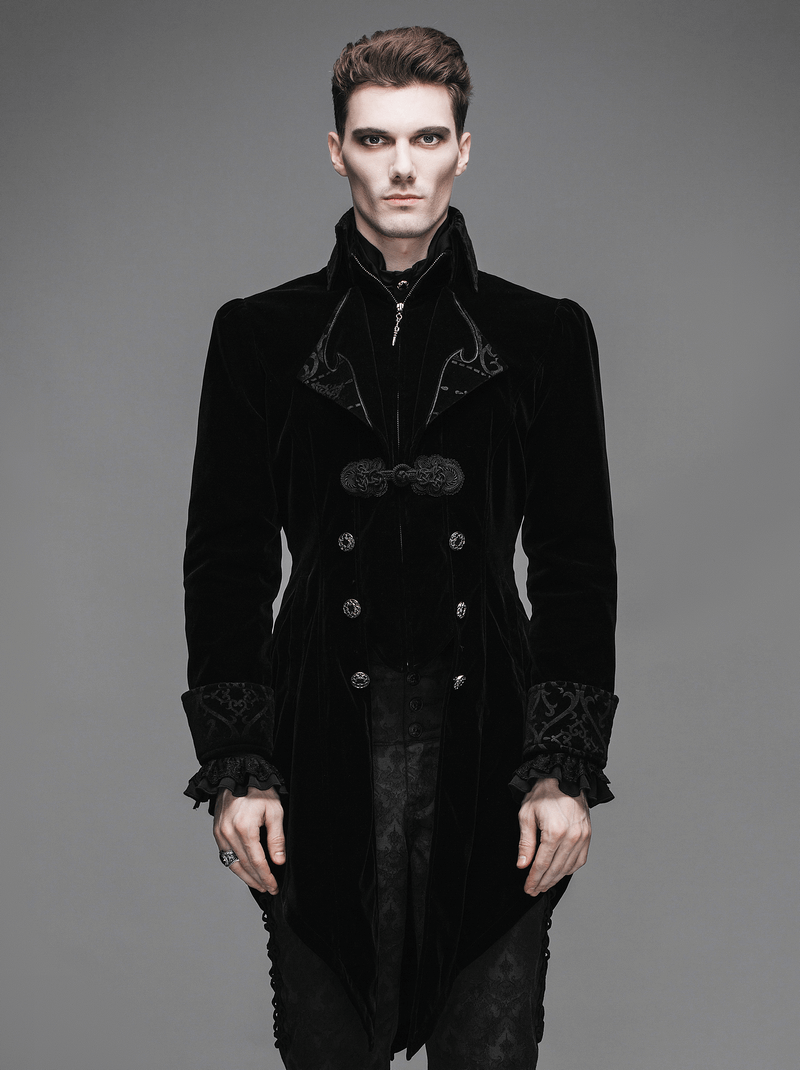 Steampunk black velvet coat for men, featuring intricate details and a fitted trench design for a Gothic look.