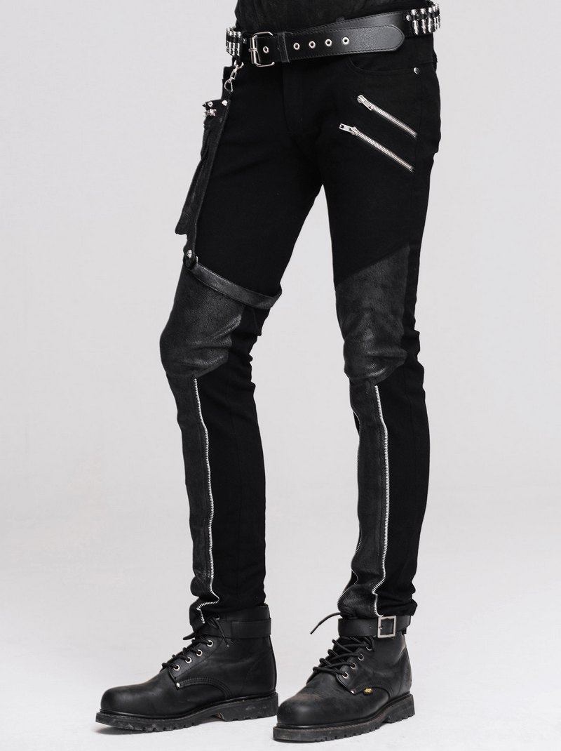 Stylish steampunk black pants with detachable pocket and silver zips, perfect for a gothic men's wardrobe.