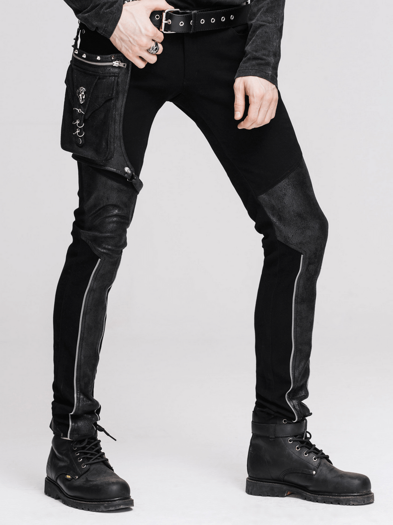 Men's steampunk black pants with detachable side pocket and silver zips for a stylish gothic look.