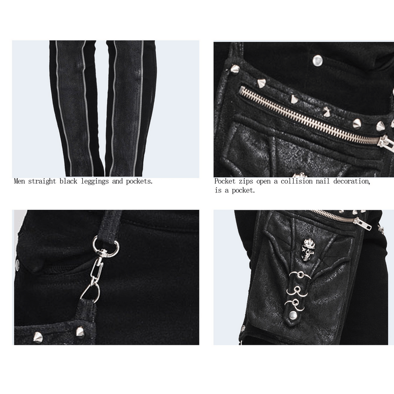 Close-up of men's black leggings with zippers and detachable pocket, showcasing steampunk design elements and edgy styling.