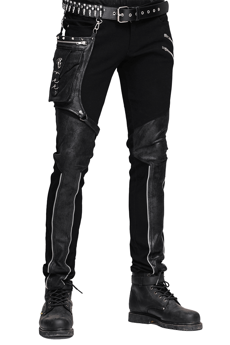 Steampunk Black Pants with Detachable Side Pocket / Gothic Men's Jeans with Silver Zips - HARD'N'HEAVY