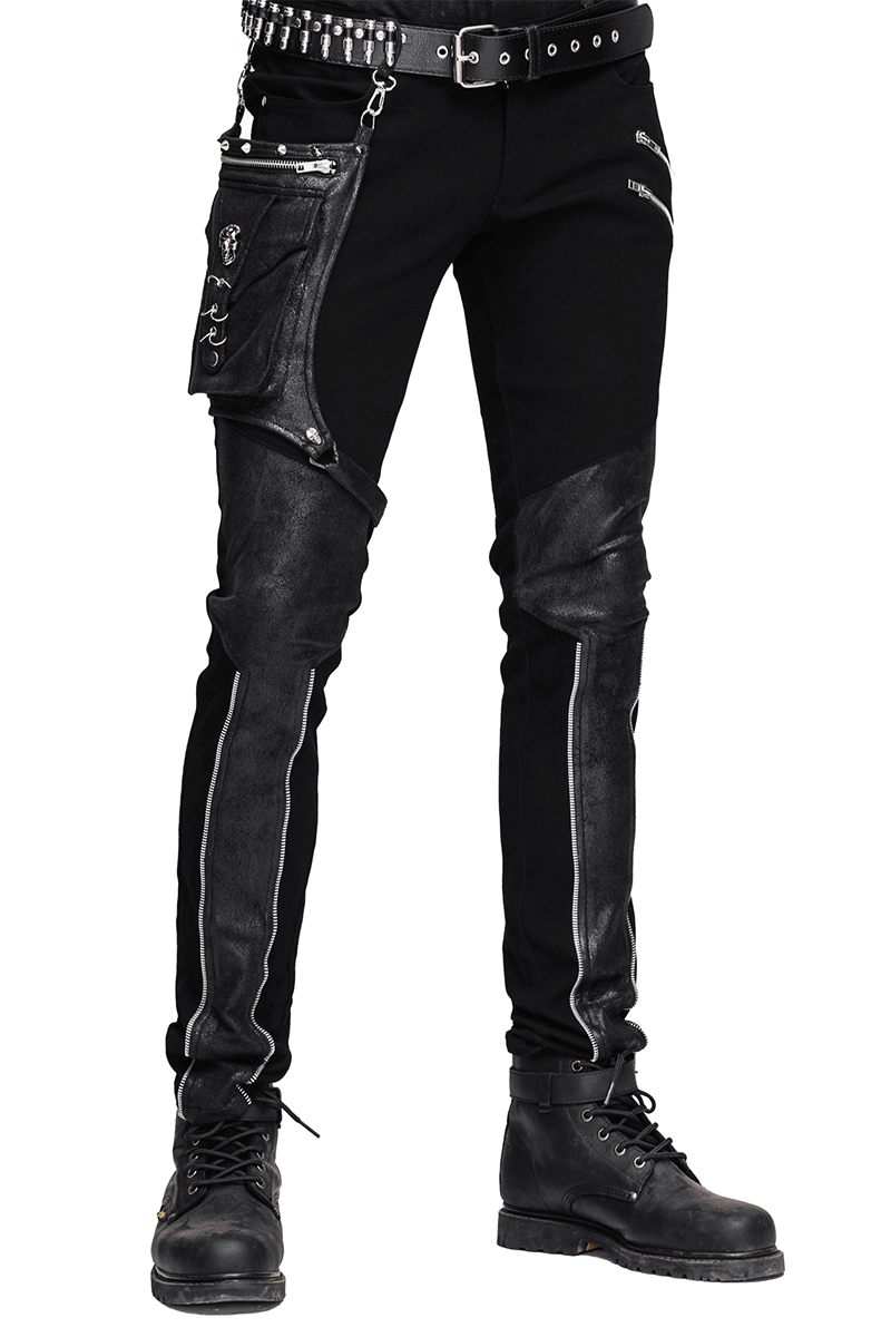 Men's steampunk black pants with detachable side pocket and silver zips, perfect for a gothic style.
