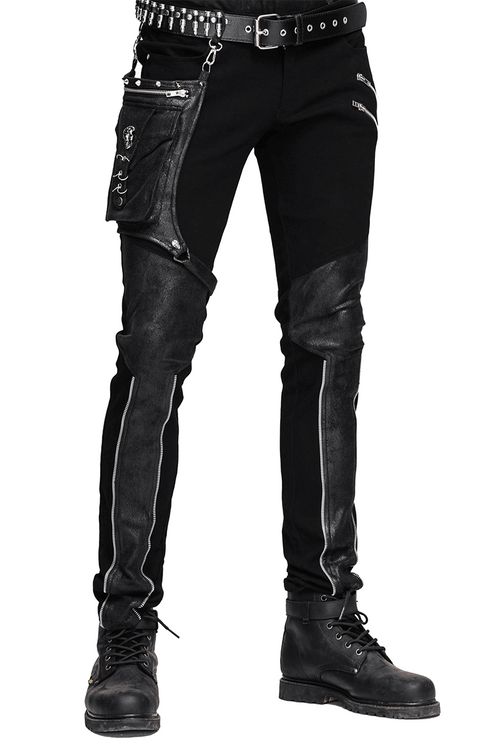 Schwarze Steampunk-Hose mit abnehmbarer Seitentasche / Gothic-Herrenjeans mit silbernen Reißverschlüssen