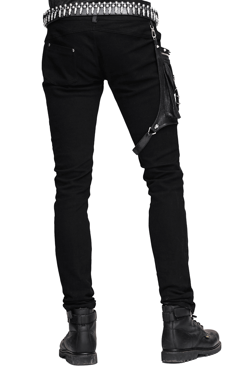 Men's steampunk black pants with detachable side pocket and silver zips, showcasing stylish back view.