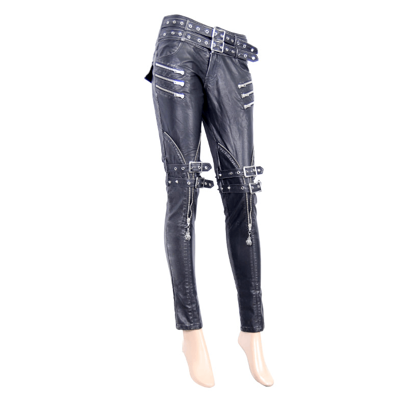 Steampunk Black PU Leather Pants For Women / Gothic Casual Tight Pants with Belts - HARD'N'HEAVY