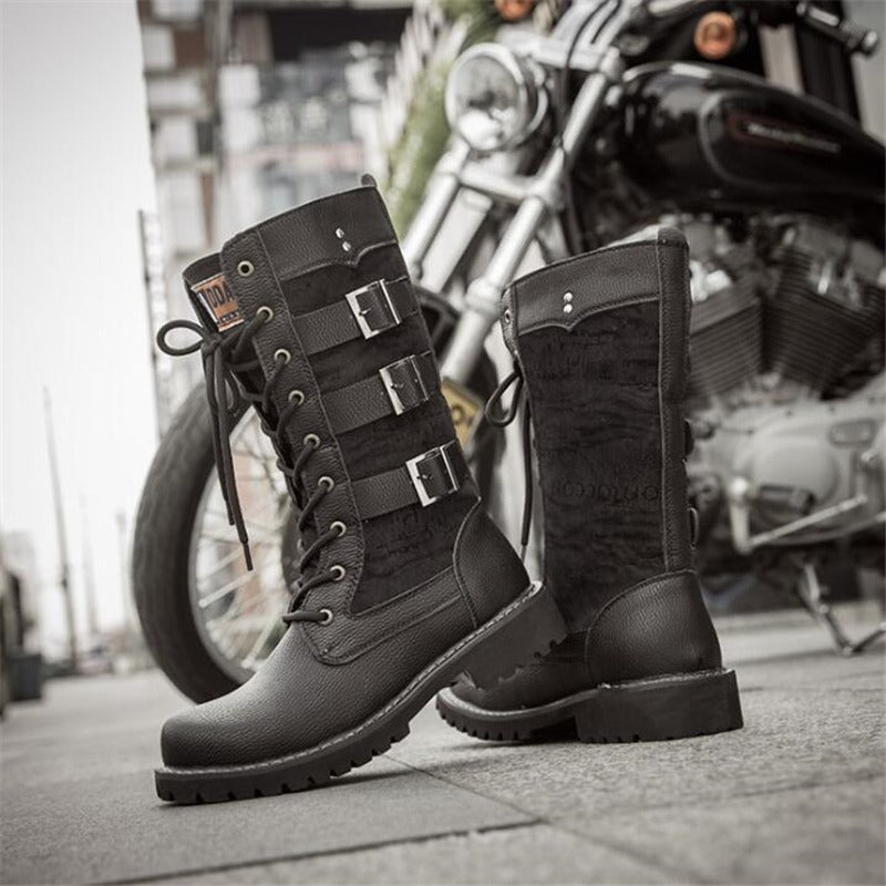 Black mid-calf steampunk boots with buckles and laces, perfect for military combat style and alternative fashion.