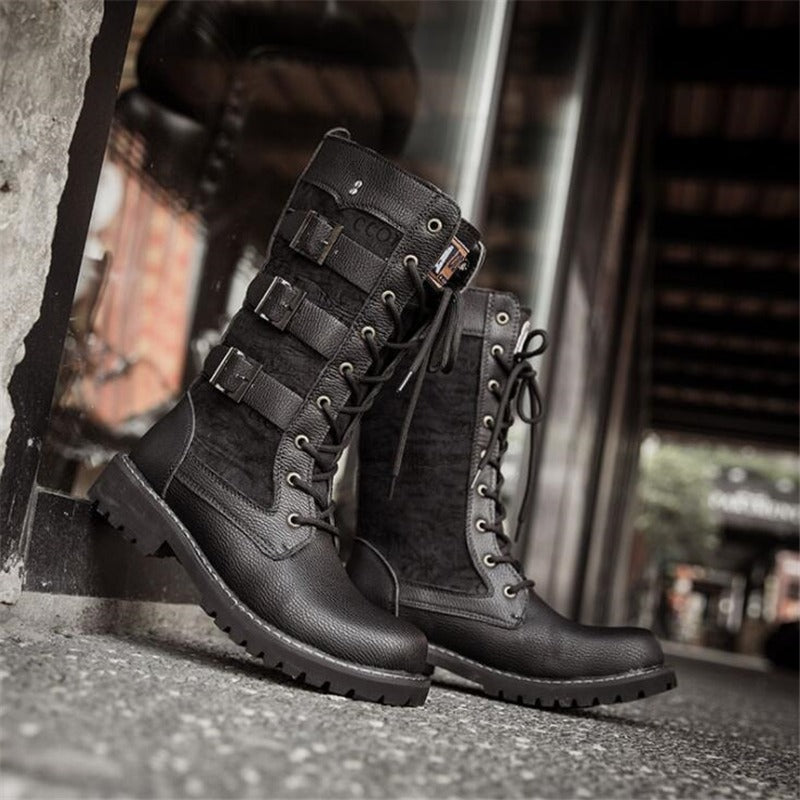 Stylish mid-calf steampunk military combat boots with lacing and buckles, perfect for alternative fashion.